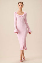 Rib Knit Ruffle Trim Button-Front Midi Dress
