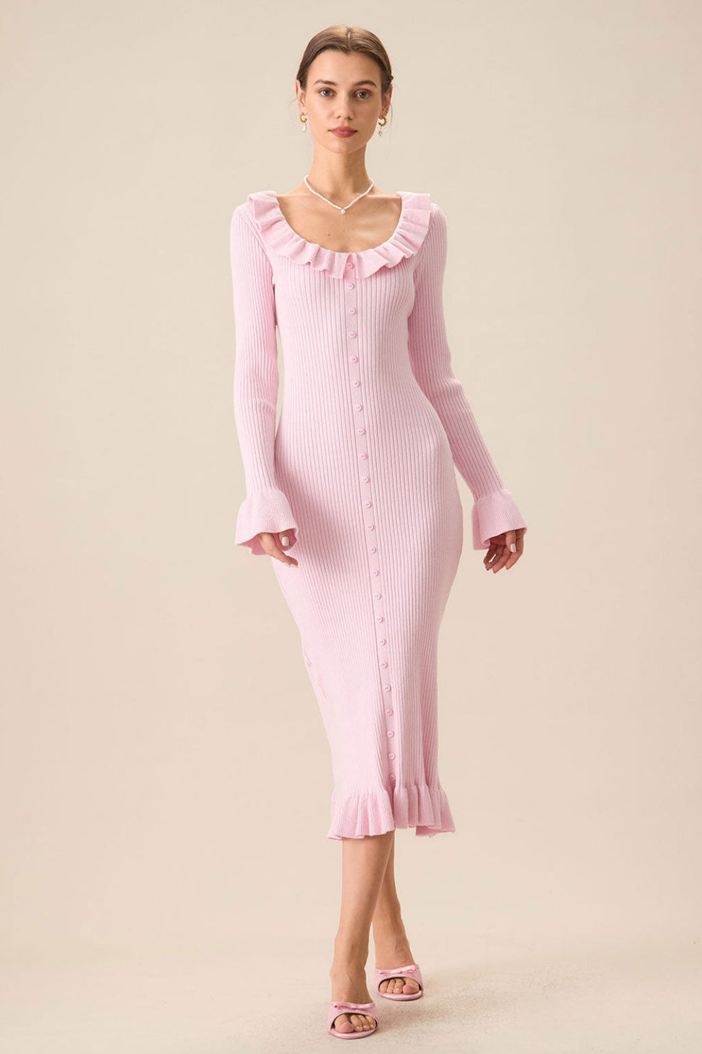 Ruffle Scoop Neck Ribbed Knit Button Front Flare Cuff Midi Dress