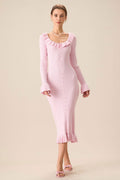 Ruffle Scoop Neck Ribbed Knit Button Front Flare Cuff Midi Dress