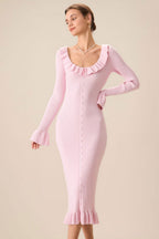 Rib Knit Ruffle Trim Button-Front Midi Dress