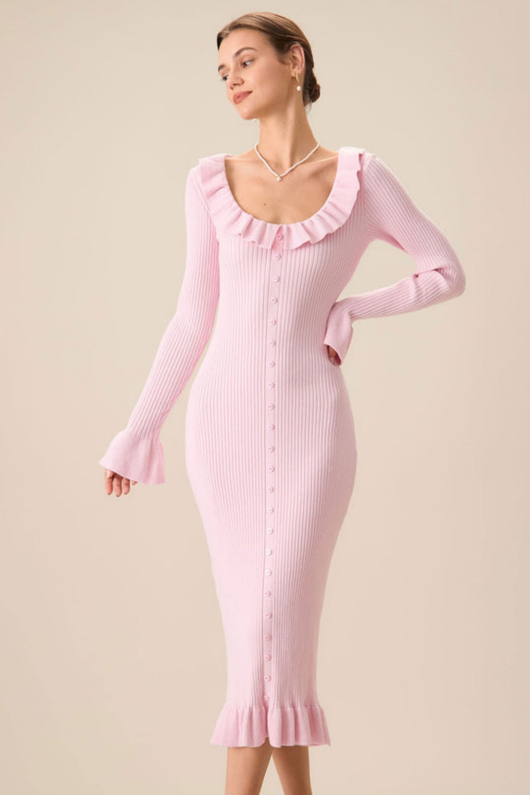 Ruffle Scoop Neck Ribbed Knit Button Front Flare Cuff Midi Dress