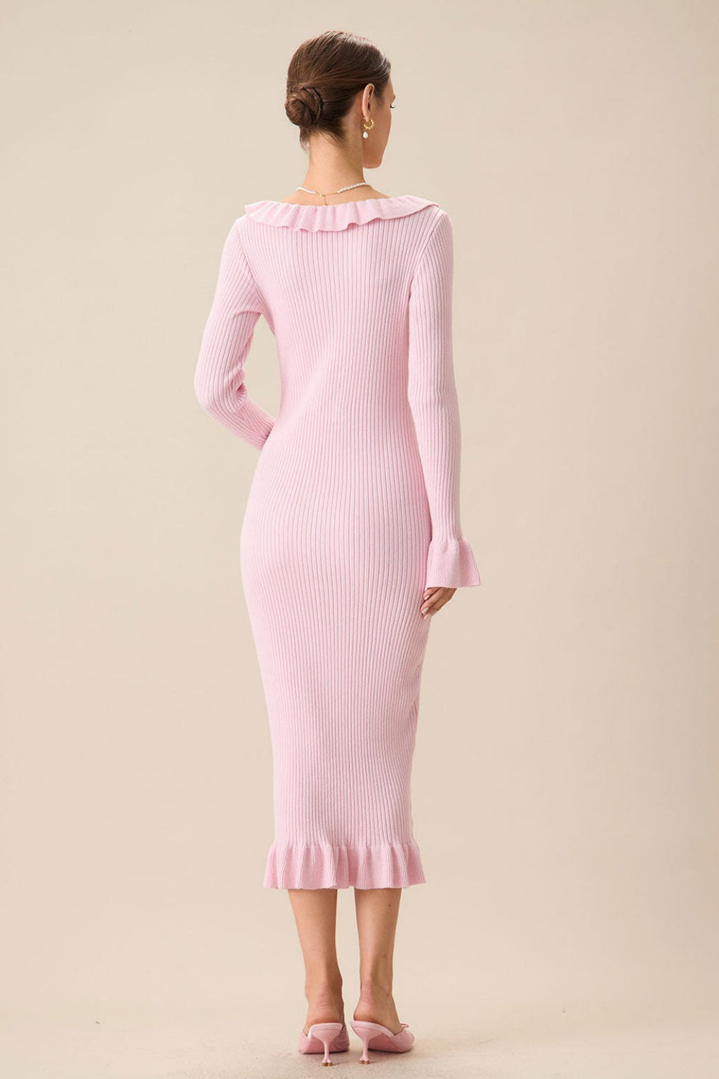 Rib Knit Ruffle Trim Button-Front Midi Dress
