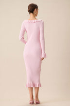 Rib Knit Ruffle Trim Button-Front Midi Dress