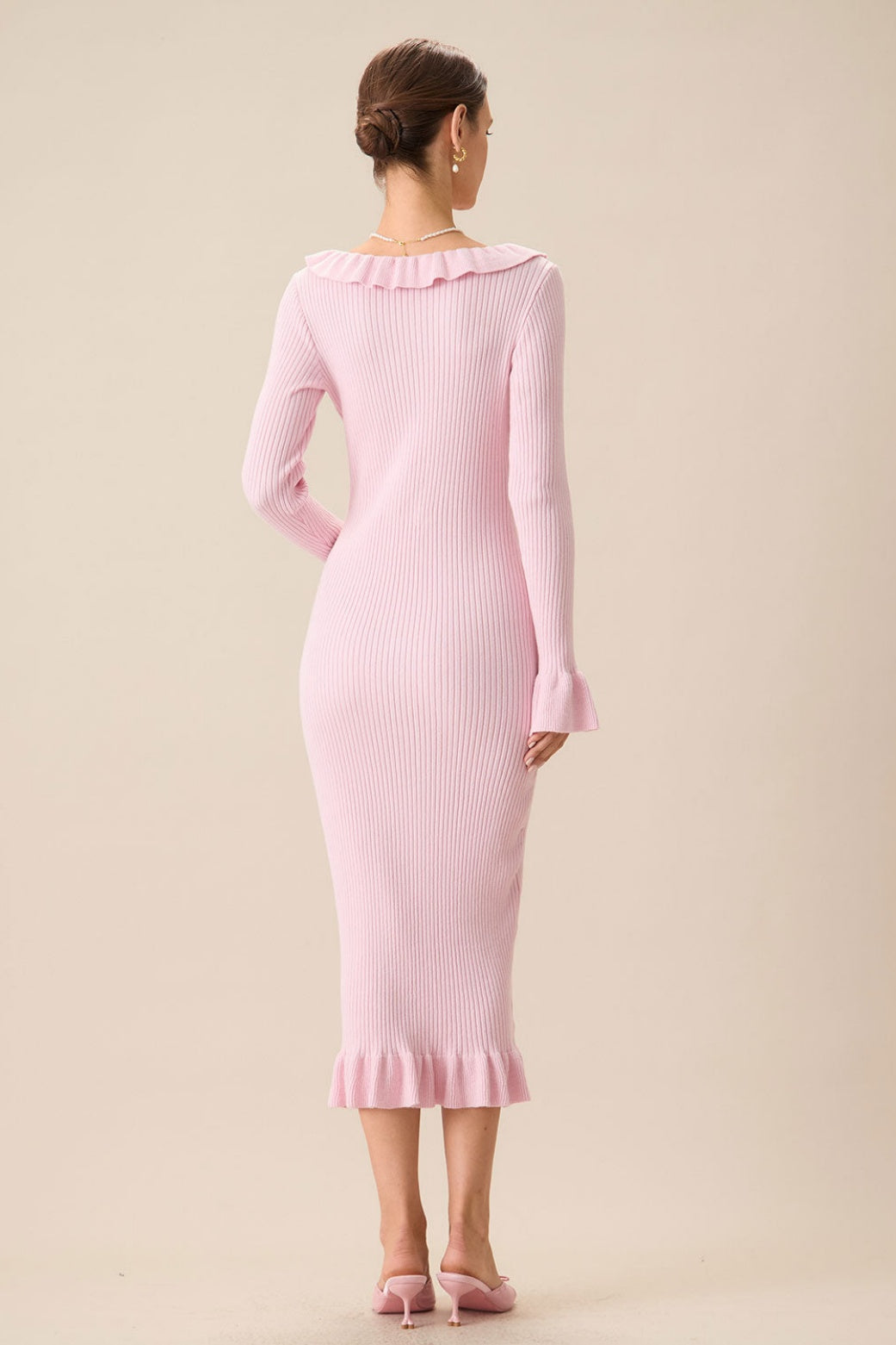 Rib Knit Ruffle Trim Button-Front Midi Dress