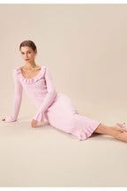 Rib Knit Ruffle Trim Button-Front Midi Dress