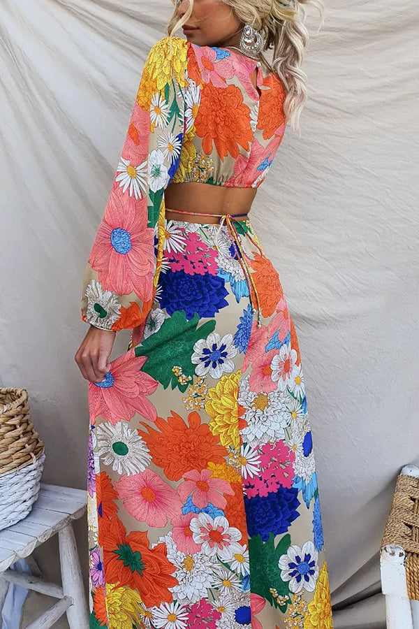 Floral Print Lantern Sleeve Waist Cut Out Maxi Dress