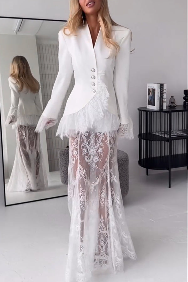 Queen Time Court-style Lace High Rise Elastic Waist Flare Maxi Skirt