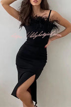 Feather Trim Straight Neck Spaghetti Strap Side Slit Midi Dress