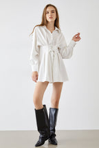 Pointed Collar Puff Sleeve Lace-Up Corset Waist Shirt Mini Dress