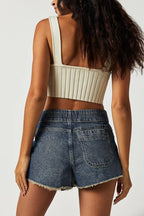 Chic Denim Distressed Hem A-Line Skirt