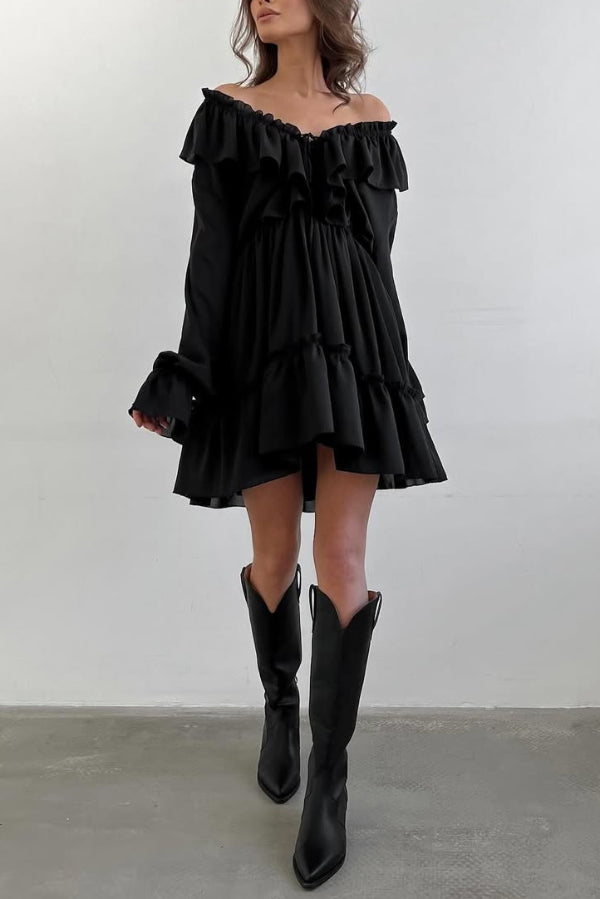 Solid Color V-neck Ruffled Ruched Long-sleeved Vacation Mini Dress