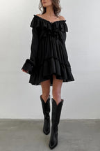 Solid Color V-neck Ruffled Ruched Long-sleeved Vacation Mini Dress