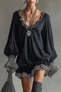Fashionable Patchwork Ruffled Loose Long-sleeved Casual Mini Dress