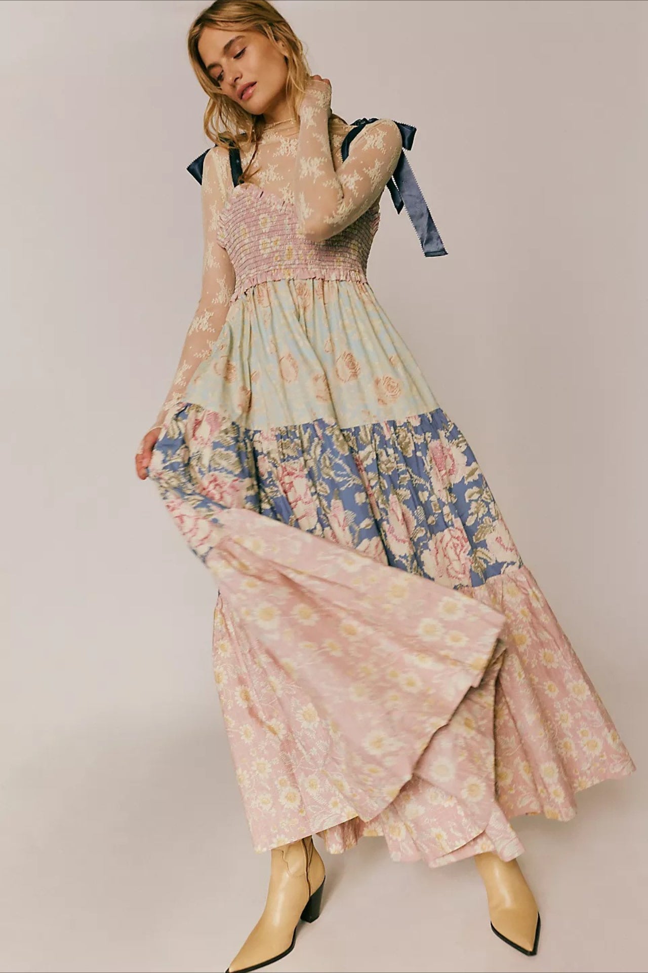 Smocked Sweetheart Bow Shoulder Strap Patchwork Floral Tiered Maxi Dress