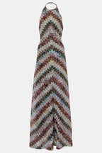 Jodie Knit Colorful Herringbone Print Halter Open Back Maxi Dress