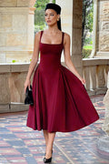 Square Neck Wide Strap Pleated Fit and Flare Midi Dress