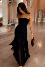 Strapless Sheer Mesh Overlay Bodycon Illusion Maxi Dress