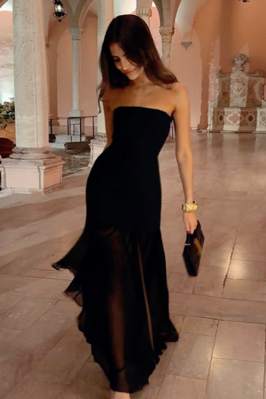 Strapless Sheer Mesh Overlay Bodycon Illusion Maxi Dress