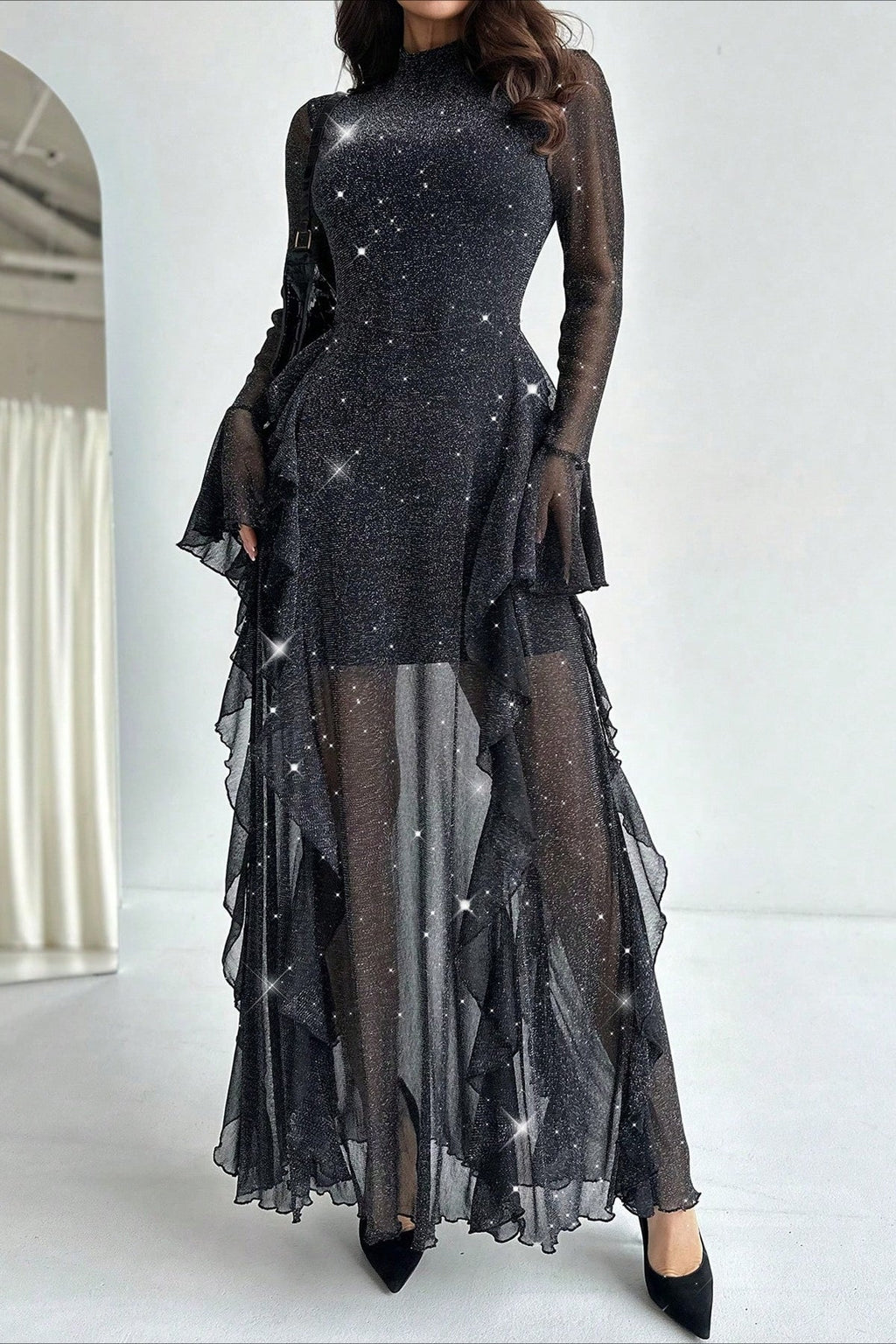 Black Ruffled Mermaid Maxi Dress