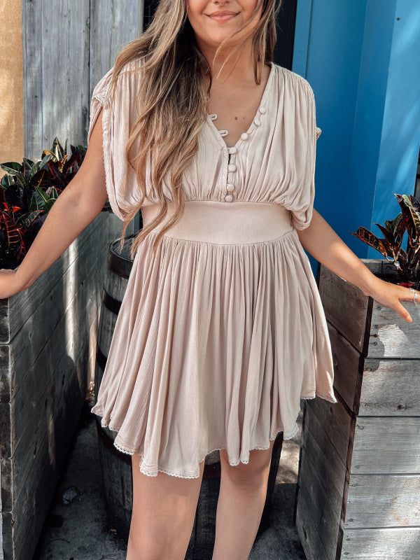 Crochet Trim Flutter Sleeve Henley Button Front Babydoll Mini Dress
