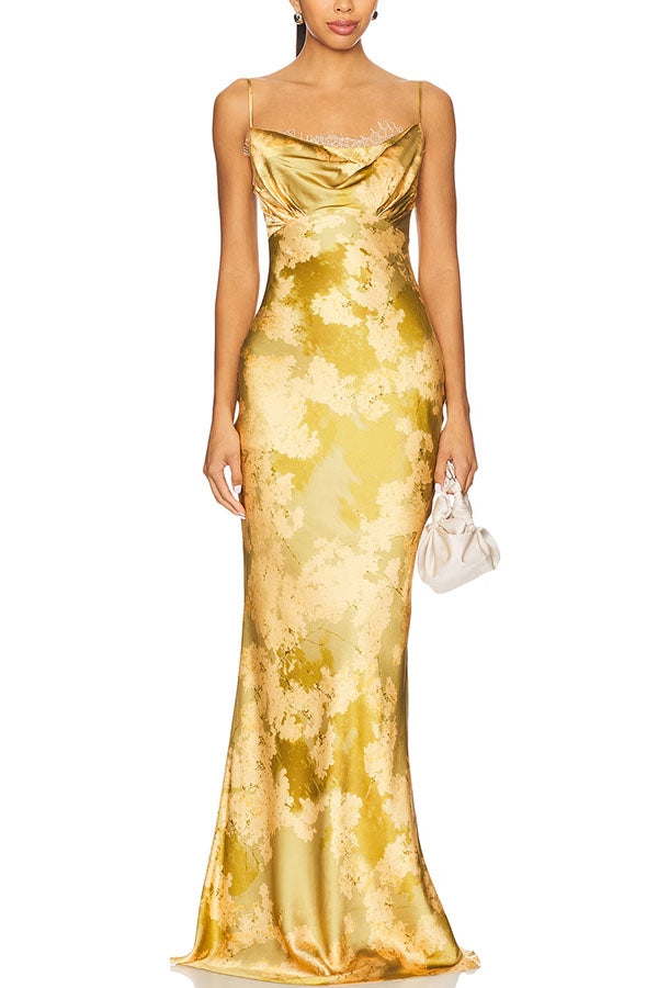 Cleodora Satin Floral Lace Cowl Neck Detachable Corset Slip Drape Maxi Dress
