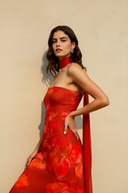 Strapless Floral Print Bodycon Matching Neck Wrap Maxi Dress