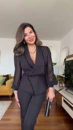 Women's Mesh Beaded Top & Wide-Leg Pants Set