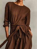 Full Size Long Sleeve Tie Waist Maxi Dress Plus Size