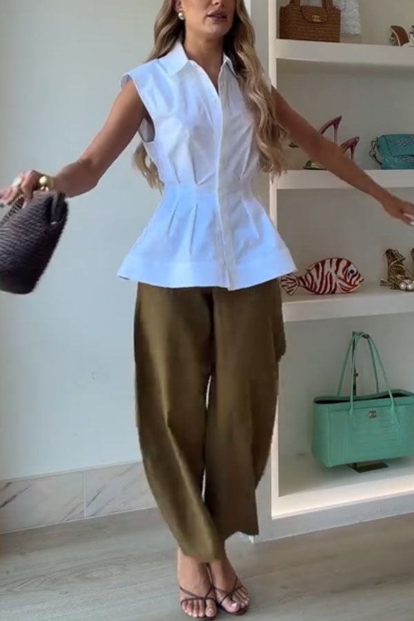 Devon Lapel Button Up Sleeveless Pleated Waist Flare Hem Shirt
