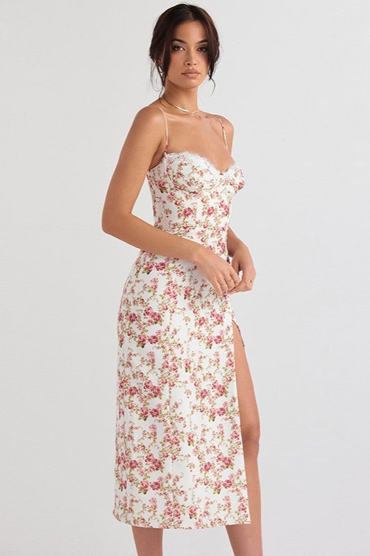 Spaghetti Strap Sweetheart Lace Trim Corset Bodice High Slit Midi Dress