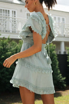 Blue V Neck Swiss Dot Lace Trim Tassel Tiered Flutter Sleeve Mini Dress