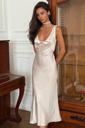 V-Neck Backless Satin Lace Trim Silk Dress