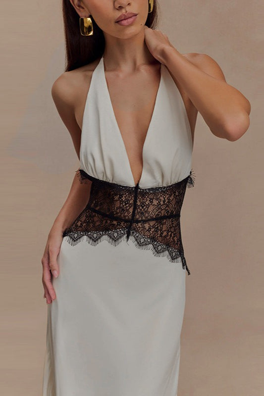 Satin Deep V-Neck Halter Lace Waist Panel Maxi Gown