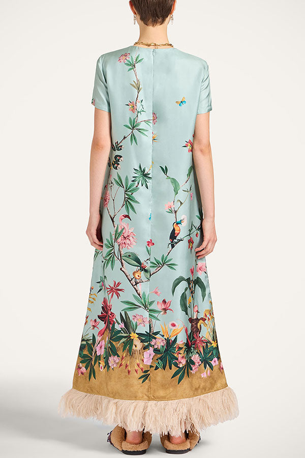 Mezcal Satin Floral Print Contrast Color Printed Short Sleeve Pocket Feather Trim Maxi Dress