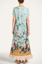 Mezcal Satin Floral Print Contrast Color Printed Short Sleeve Pocket Feather Trim Maxi Dress