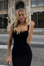 Sweetheart Neck Pearl Trim Rib Knit Bodycon Midi Dress