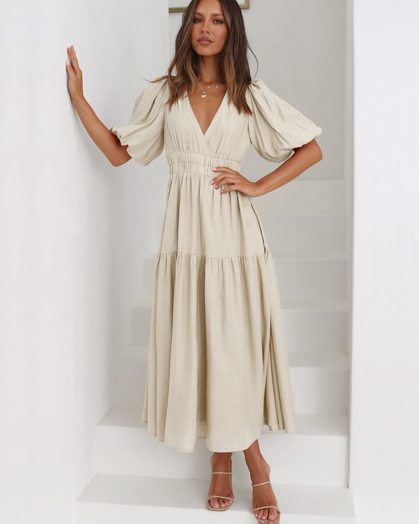 Eulalia Exclusive V Neck Dress with Puff Sleeves Chic Silhouette Collection