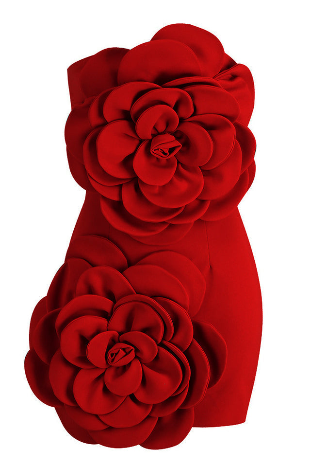 Strapless 3D Fabric Flower Applique Bodycon Mini Dress