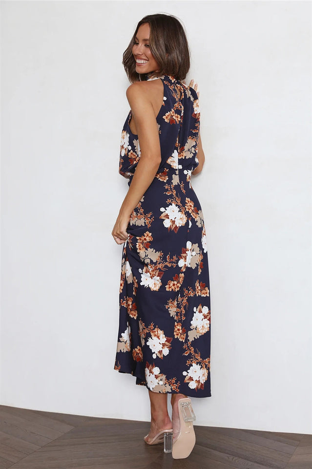 Satin Floral Print Halter Scarf Neck A-Line Midi Dress