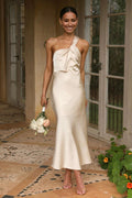 Satin One Shoulder Knot Strap Bias Cut Midi Dress
