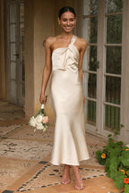 Satin One Shoulder Knot Strap Bias Cut Midi Dress