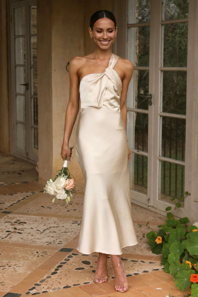 Satin One Shoulder Knot Strap Bias Cut Midi Dress