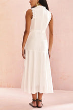 Mock Neck Scalloped Lace Insert Paneled Flared Midi Dress