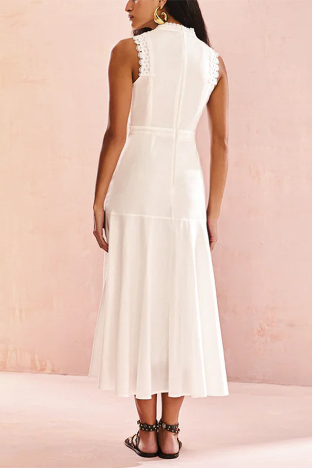Mock Neck Scalloped Lace Insert Paneled Flared Midi Dress