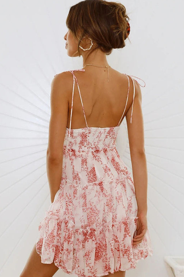 Tie Shoulder Floral Print Tiered Ruffle Mini Dress