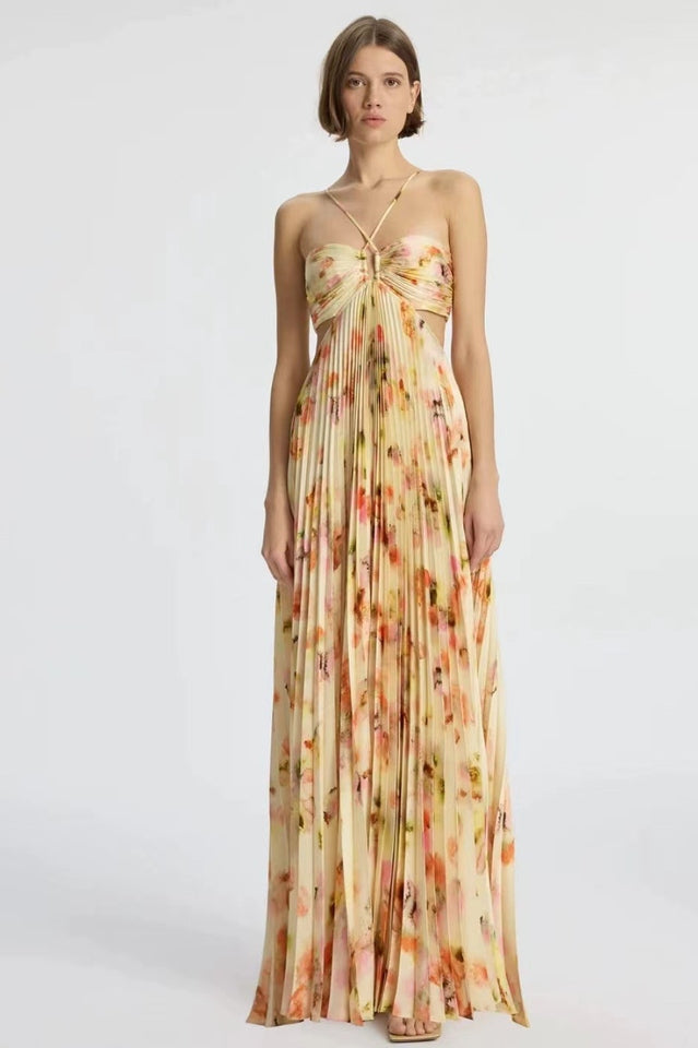 Pleated Floral Print Halter Neck Waist Cut Out Maxi Dress
