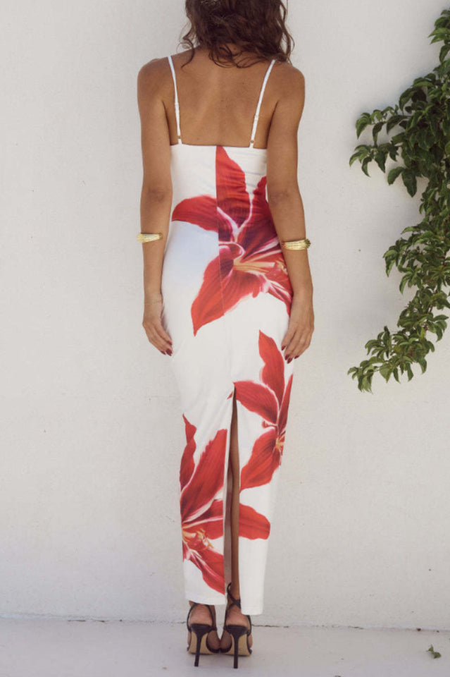 Spaghetti Strap Square Neck Oversized Floral Print Bodycon Maxi Dress