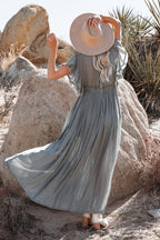 Deep V Neck Ruffle Sleeve Drawstring Waist Button Front Pocket Maxi Dress