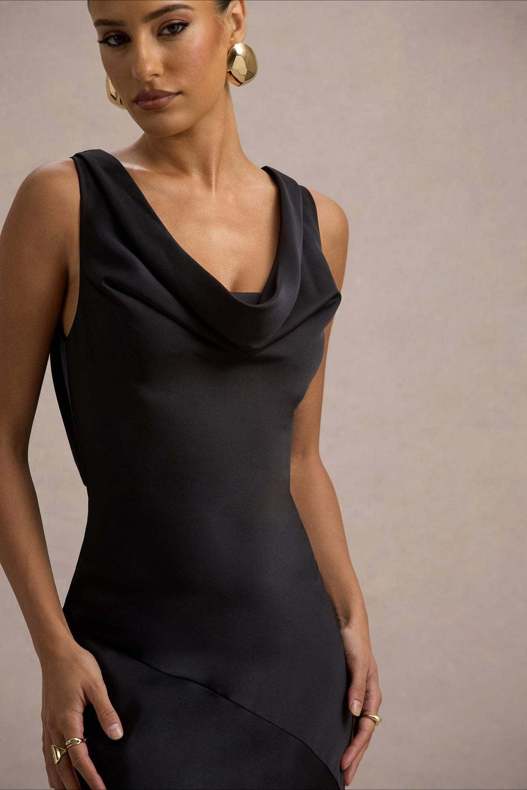 Satin Cowl Neck Sleeveless Column Seam Maxi Gown