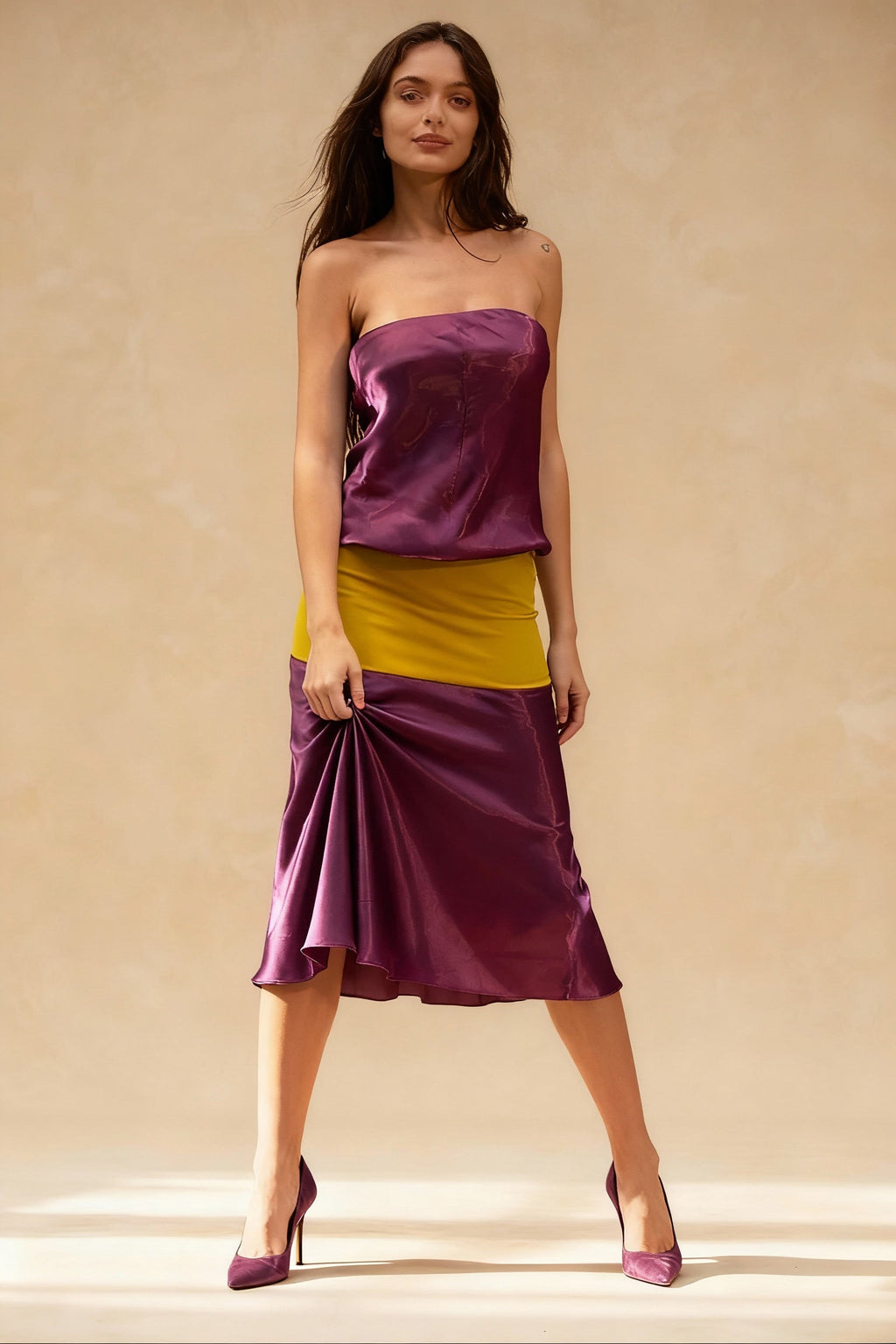 Satin Strapless Color Block Waistband A-Line Midi Dress